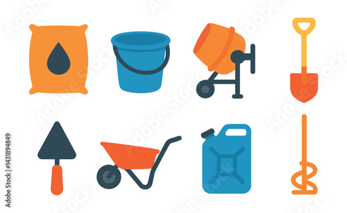 Flat vector icons of cement and mixing: cement bag, mixing bucket, cement mixer, sand shovel, trowel, wheelbarrow, water canister, mixing blade.