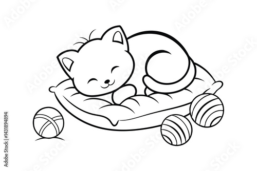 Cute cartoon cat sleeping peacefully on pillow with balls outline vector illustration