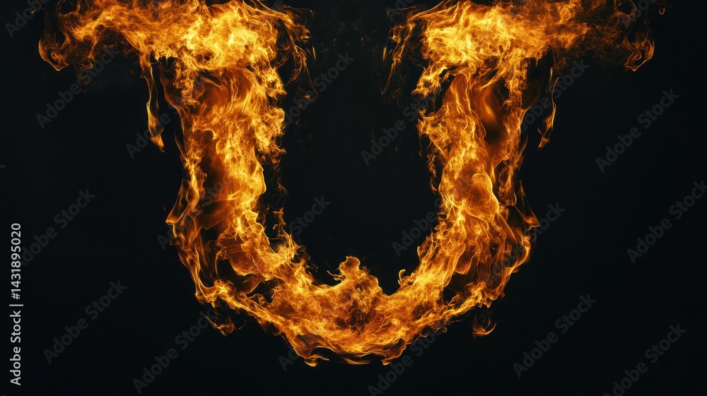 Fototapeta premium Fiery U-shape flame against black background; abstract design