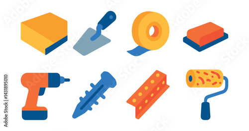 Flat vector icons of drywall and finishing: drywall panel, plastering trowel, joint tape, sanding block, screw gun, drywall anchor, corner bead, texture roller.
