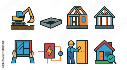 Flat vector icons of house construction stages: land excavation, concrete foundation, wall framing, roof truss, window installation, interior wiring, drywall fitting, final inspection.