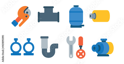Flat vector icons of plumbing installation: pipe cutter, T-joint pipe, water tank, pipe insulation, pipe clamps, drain pipe, valve wrench, water pump.