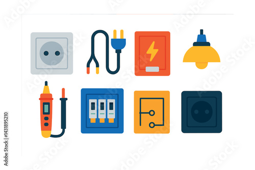 Flat vector icons of electrical installation: wall socket, power cable, fuse box, ceiling light, voltage tester, breaker panel, wiring plan, outlet cover.