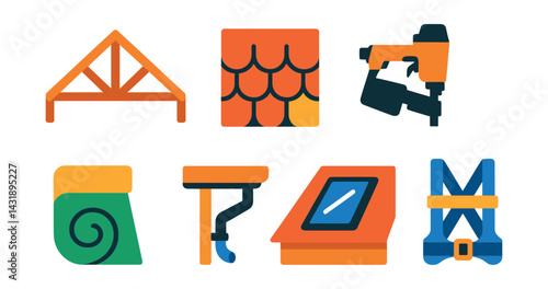 Flat vector icons of roof construction: roof truss, asphalt shingles, tile roof, roof nailer, roof insulation, gutter system, skylight, roofing harness.