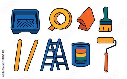 Flat vector icons of painting tools: roller tray, masking tape, drop cloth, edge brush, paint stirrer, ladder, color tester, roller extension pole.