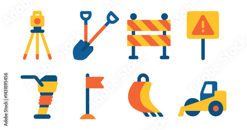 Flat vector icons of site preparation: land survey, digging tools, construction fence, site signage, soil compactor, site stake, excavation bucket, terrain leveler.