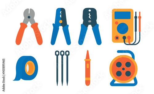 Flat vector icons of wiring tools: cable cutter, wire stripper, crimping tool, multimeter, electrical tape, cable ties, voltage detector, cable reel.