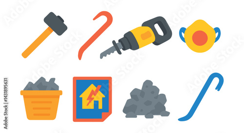Flat vector icons of demolition tools: sledgehammer, crowbar, reciprocating saw, dust mask, debris bin, demolition plan, rubble, pry bar.