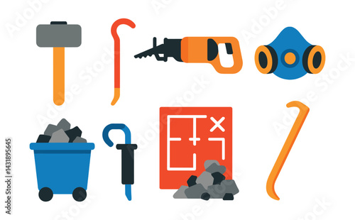 Flat vector icons of demolition tools: sledgehammer, crowbar, reciprocating saw, dust mask, debris bin, demolition plan, rubble, pry bar.