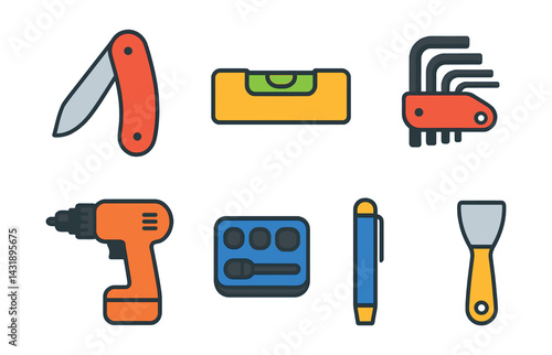 Flat vector icons of compact tools: folding knife, pocket level, mini tape measure, hex key set, compact drill, socket set, penlight, mini scraper.