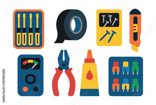 Flat vector icons of repair kit: screwdriver set, duct tape, nails box, utility knife, battery tester, pliers, glue tube, fuse pack.