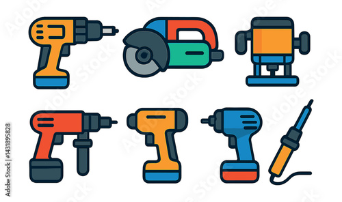 Flat vector icons of power tools: electric drill, angle grinder, jigsaw, router, rotary hammer, impact driver, cordless screwdriver, soldering iron.