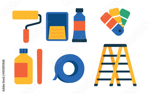 Flat vector icons of painting supplies: roller brush, paint tray, pigment tube, color fan, primer bottle, stir stick, painter's tape, step ladder.