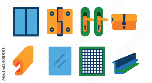 Flat vector icons of windows and doors: window frame, door hinge, handle set, lock cylinder, sealing strip, glass pane, window mesh, sliding track.
