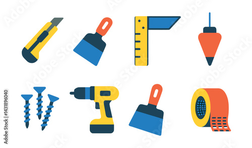 Flat vector icons of drywall tools: utility knife, screed, bevel square, plumb bob, drywall screws, cordless drill, joint knife, reinforcing tape.