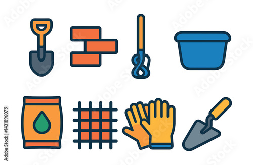 Flat vector icons of masonry tools: small shovel, bricks, mixing paddle, mixing tub, cement bag, rebar mesh, gloves, scoop trowel.