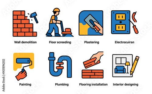 Flat vector icons of apartment renovation: wall demolition, floor screeding, plastering, electrical rewiring, painting, plumbing upgrade, flooring installation, interior design sketch.