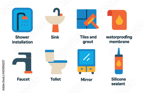 Flat vector icons of bathroom renovation: shower installation, sink basin, tiles and grout, waterproofing membrane, faucet, toilet bowl, mirror cabinet, silicone sealant.