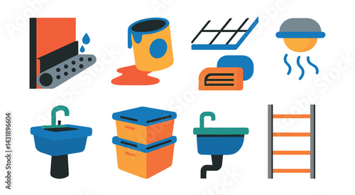 Flat vector icons of basement renovation: drain tile, floor paint, ceiling tiles, waterproof light, ventilation duct, utility sink, storage bins, metal rack.