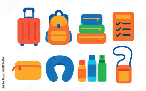 Flat vector icons of packing for vacation: suitcase, backpack, packing cubes, checklist, toiletry bag, travel pillow, travel-size bottles, neck pouch.