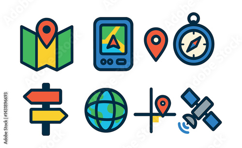 Flat vector icons of travel navigation: map, GPS device, location pin, compass, road signs, globe, coordinates, satellite signal.