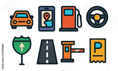 Flat vector icons of road trips: car, GPS, fuel station, steering wheel, highway sign, road, toll booth, parking ticket.