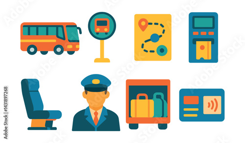 Flat vector icons of bus travel: intercity bus, bus stop, route map, ticket machine, passenger seat, bus driver, luggage hold, travel card.