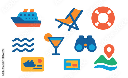 Flat vector icons of cruises and sea tours: cruise ship, deck chair, lifebuoy, sea waves, cocktail glass, binoculars, cruise card, shore excursion.