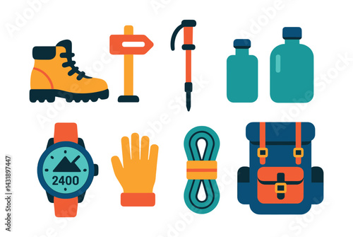 Flat vector icons of hiking and trekking: walking boots, trail marker, hiking pole, water flask, altitude watch, gloves, climbing rope, trail backpack.