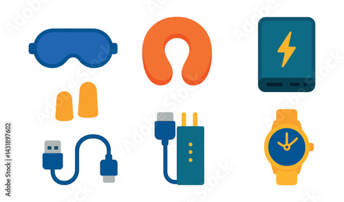 Flat vector icons of travel accessories: eye mask, earplugs, neck pillow, power bank, USB cable, adapter plug, portable charger, wristwatch.