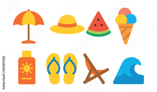 Flat vector icons of summer vacation: beach umbrella, sun hat, watermelon slice, ice cream, sunscreen, flip flops, beach chair, ocean wave.