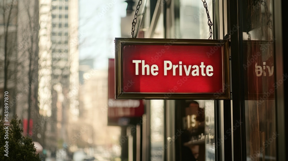 Fototapeta premium Red Private Club Sign, City Street, Hanging Sign, Business, Urban Background