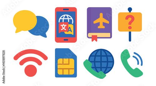 Flat vector icons of travel communication: speech bubbles, mobile phone, translation app, travel phrasebook, help sign, WiFi signal, sim card, global call.