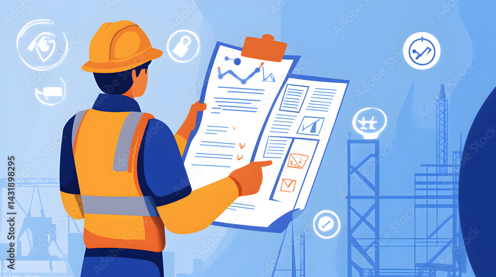 A construction worker reviewing a checklist on a clipboard at a construction site illustration A construction worker reviewing a checklist on a clipboard at a construction site illustration