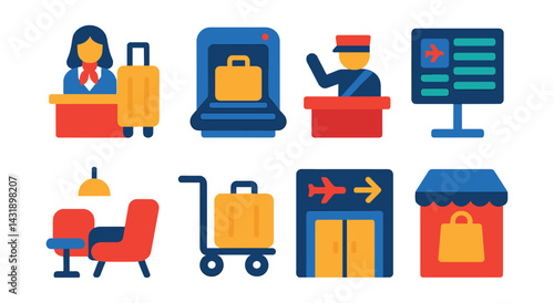 Flat vector icons of airport services: check-in counter, baggage scanner, customs officer, departure board, airport lounge, luggage trolley, boarding gate, duty-free shop.