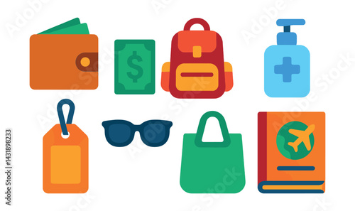 Flat vector icons of travel essentials: wallet, cash, travel backpack, hand sanitizer, ID tag, sunglasses, reusable bag, travel guidebook.