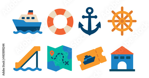 Flat vector icons of sea travel: ferry, lifebuoy, anchor, ship wheel, boarding ramp, sea map, cruise ticket, port terminal.