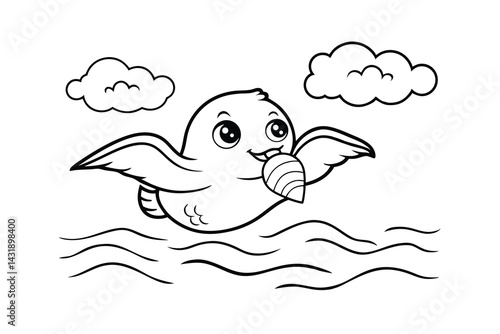 Cartoon bird flying over water with a fish in its beak coloring page