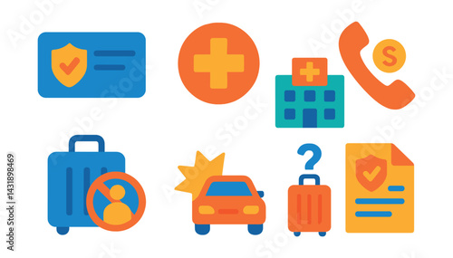 Flat vector icons of travel insurance: insurance card, medical cross, hospital building, emergency phone, stolen bag icon, accident symbol, lost luggage, policy document.