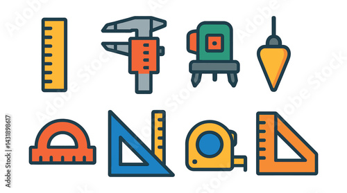 Flat vector icons of measuring instruments: ruler, caliper, laser level, plumb bob, protractor, angle finder, measuring tape, carpenter square.