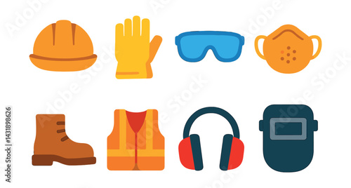Flat vector icons of protective equipment: hard hat, gloves, safety glasses, dust mask, work boots, safety vest, ear protection, welding shield.