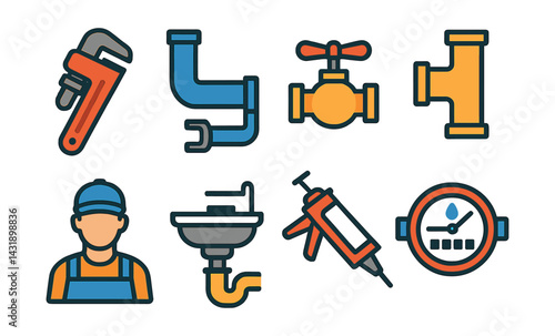 Flat vector icons of plumbing and pipes: pipe wrench, water pipe, valve, plumbing connector, plumber, sealant gun, sink drain, water meter.