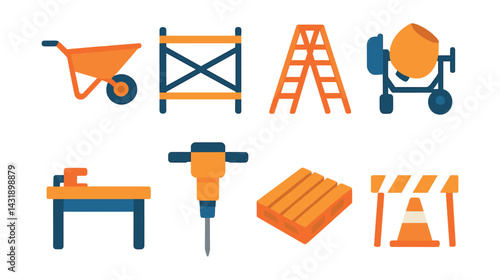 Flat vector icons of construction site equipment: wheelbarrow, scaffold, ladder, cement mixer, workbench, jackhammer, pallet, cone barrier.