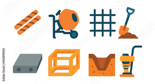 Flat vector icons of foundation work: steel rods, concrete mixer, rebar grid, shovel, concrete slab, wooden frame, trench, ground compactor.
