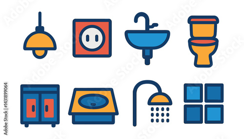 Flat vector icons of interior installation: light fixture, outlet, sink, toilet, cabinet, countertop, showerhead, backsplash tile.