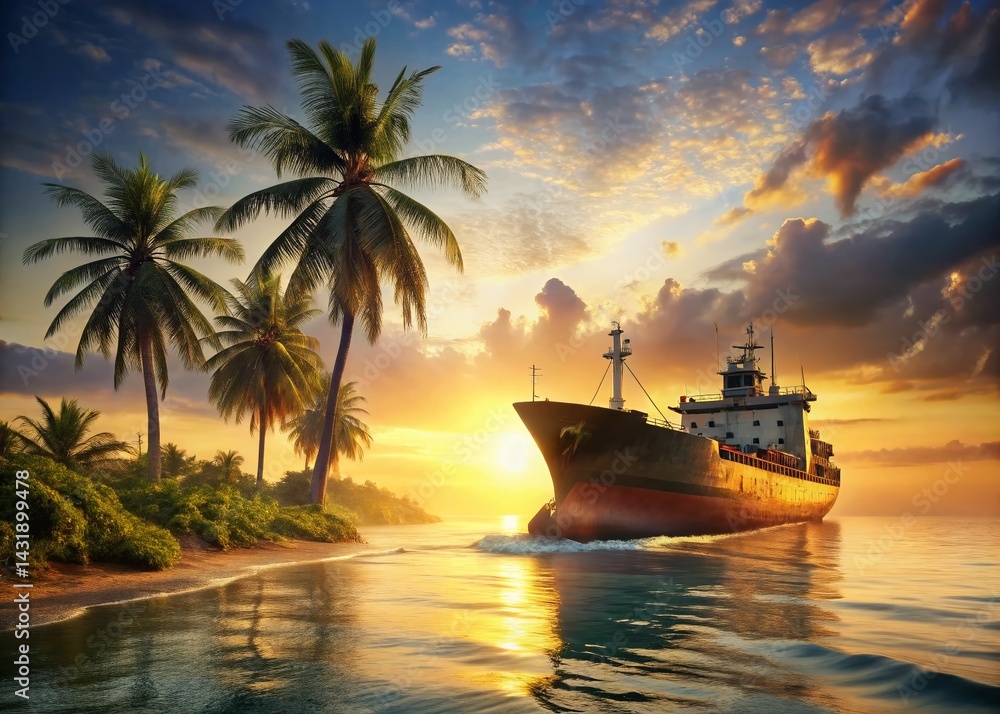 Obraz premium Sun Drenched Palm Tree & Ship: Tropical Island Documentary Photography