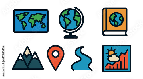 Flat vector icons of geography class: world map, globe, compass, atlas book, mountain icon, location pin, river symbol, weather chart.