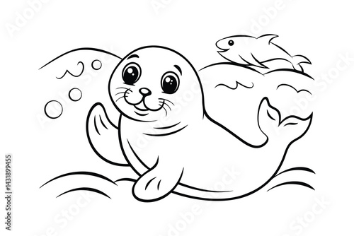 Cute sea lion with friendly fish companion outlined for coloring book page design