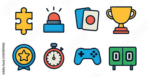 Flat vector icons of educational games: puzzle piece, quiz buzzer, matching cards, trophy, star badge, timer, game controller, scoreboard.