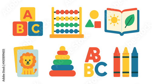 Flat vector icons of preschool learning: alphabet blocks, counting beads, shape sorter, picture book, animal flashcards, rainbow stacker, toy letters, crayons.